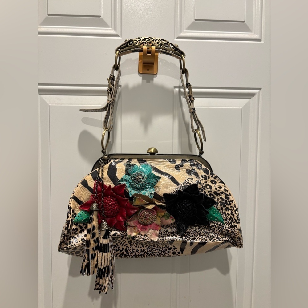 NEW Sharif Couture All Leather Laser Cut 3D Floral Gray Satchel Bag